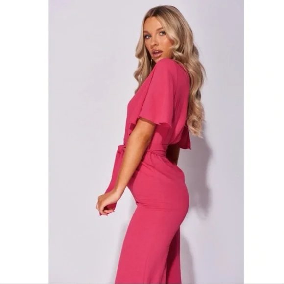 Pink Short Sleeve V-Neck Loose Fit Wide Leg Jumpsuit Playsuit - Picture 8 of 13